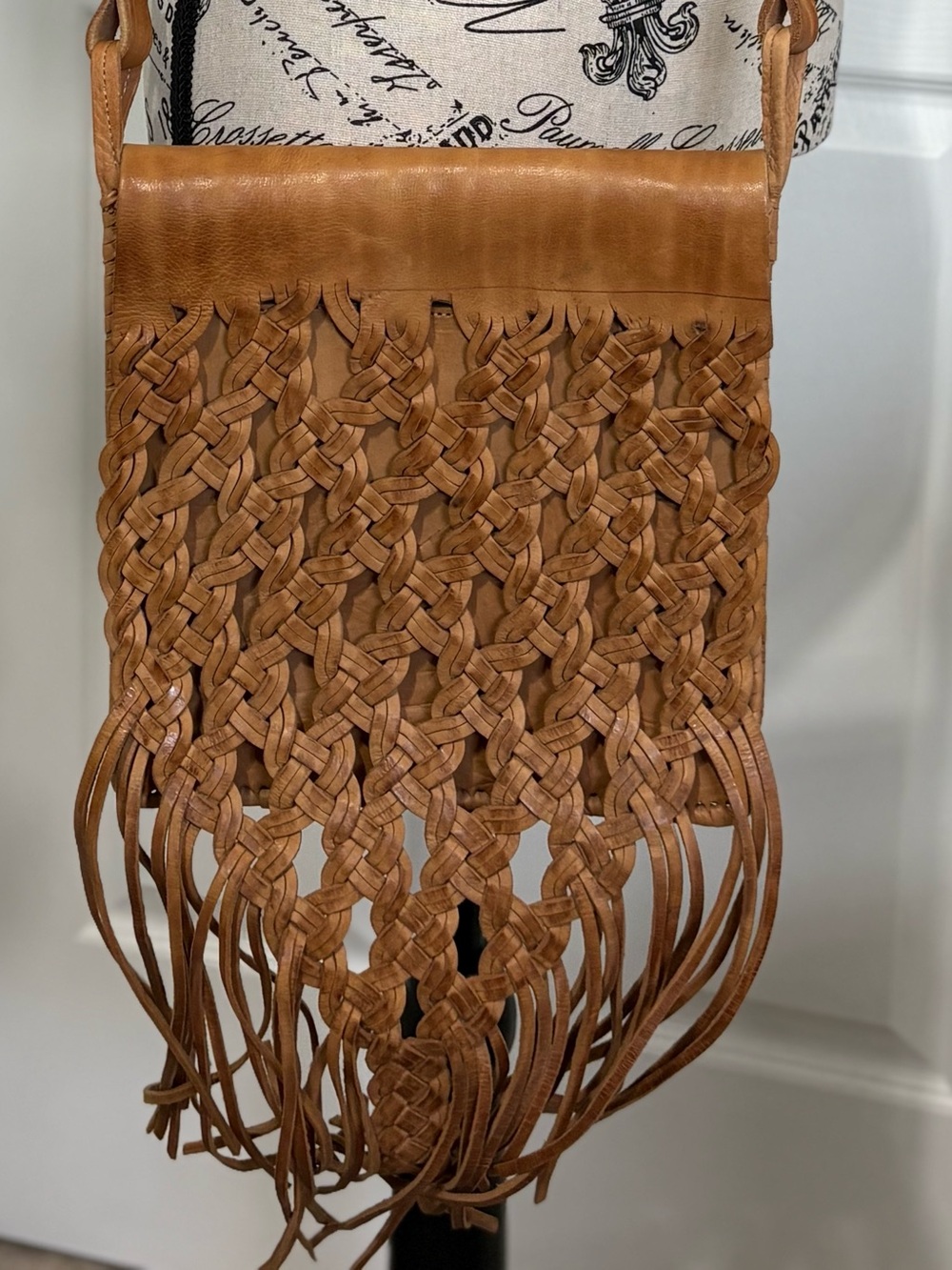 Woven Fringe Crossbody Bag in Tan Leather